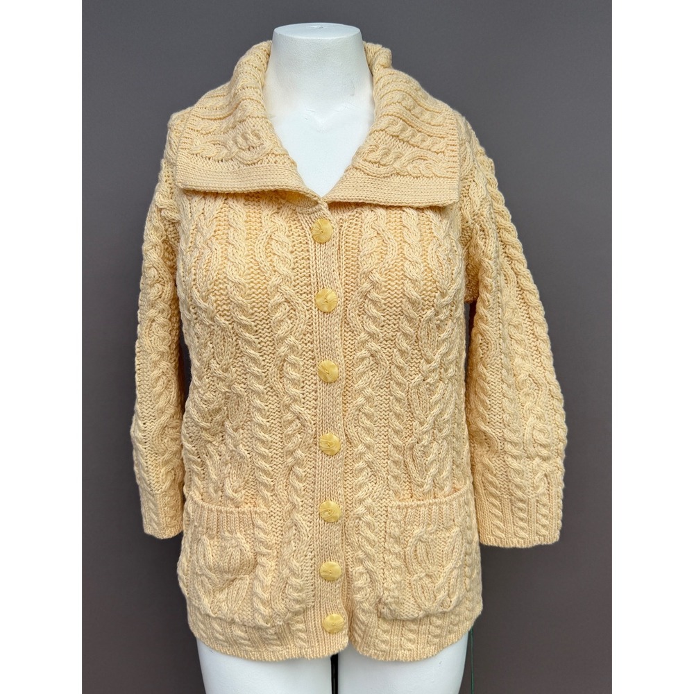 Arancrafts Ireland Merino Wool Cable Knit Cardigan Sweater XS Cream Button